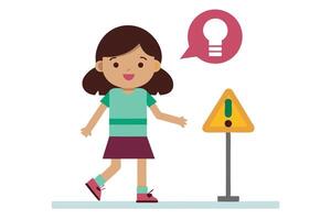 Smiling Brunette Girl with Idea Bulb Speech Bubble near Exclamation Sign vector