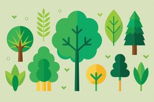 Variety of Green and Yellow Flat Design Trees on Light Background vector