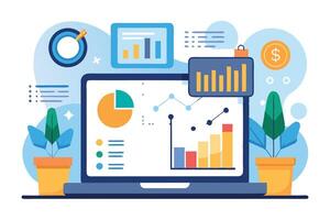 Laptop Displaying Colorful Financial Charts and Graphs with Potted Plants vector