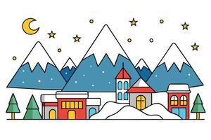 Winter with Mountains, Crescent Moon, Houses, and Trees on Transparent Background vector