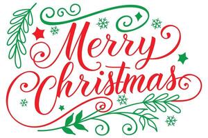 Merry Christmas Decorative Text with Green Leaves and Red Calligraphy on White vector