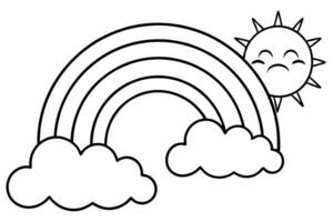 Line Art Rainbow and Clouds with Sun Cartoon on Transparent Background vector