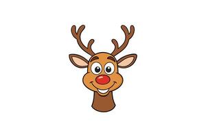 Cartoon Style Smiling Reindeer Head With Red Nose and Antlers on white background vector