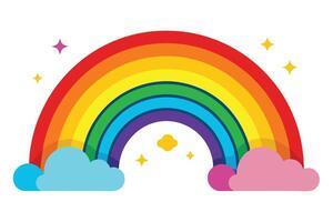 Flat Rainbow with Clouds and Starry Accents on a White Background vector