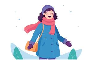 Smiling Woman in Winter Outfit with Scarf, Mittens and Blue Coat on White Background vector