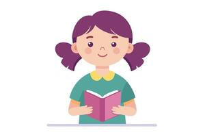 Smiling Girl with Purple Hair Reading an Open Book on White Background vector