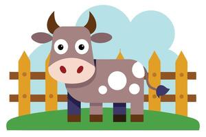 Cute Cartoon Cow with White Spots Standing Near Wooden Fence in a Farm vector