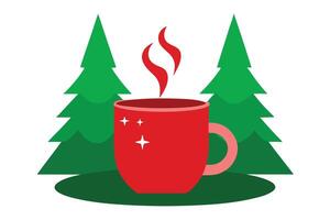 Cozy Red Mug with Steam and Green Pine Trees on a Serene White Background vector