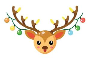 Cartoon Deer Face with Christmas String Lights on Antlers on Transparent Background vector