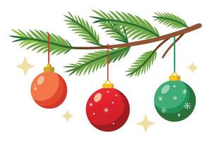 Christmas Tree Branch with Green Needles and Colorful Decorative Baubles on White vector