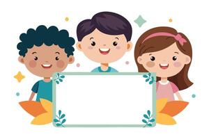 Diverse Cheerful Kids Holding Empty Decorated on White Background vector