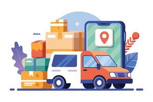 Stylized Delivery Truck with Boxes and a Mobile Phone on White Background vector