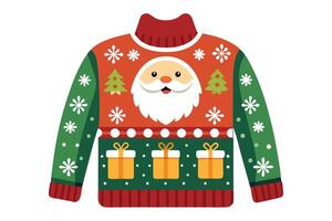 Festive Holiday Sweater with Santa Claus, Presents, Trees, and Snowflake Design vector