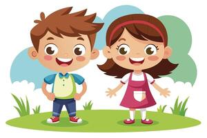 Cheerful Cartoon Boy and Girl Standing Smiling on Green Grass with Clouds Backdrop vector