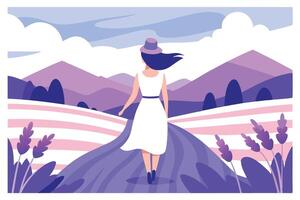 Woman in White Dress Walking on Path with Lavender Fields and Mountain vector