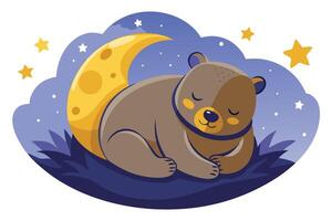 Cartoon Sleeping Bear Cuddled on Crescent Moon Under Starry Sky vector