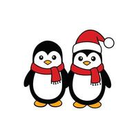 Two Cute Penguins With Red Scarves and Santa Hat on Transparent Background vector