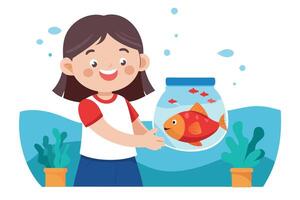 Smiling Girl with Fishbowl Featuring Goldfish, Cartoon Style, on White Background vector
