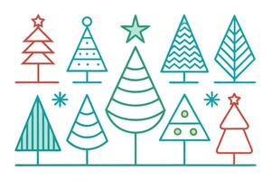 Simple Christmas Tree Icon Set with Stars, Red, Green, and Teal on White Background vector