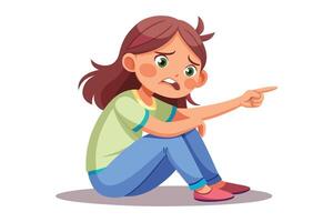 Frowning Girl Sitting and Pointing With Disgust Cartoon Style on White Background vector