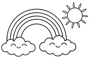 Smiling Clouds with Rainbow and Sun Outline on Transparent Background vector