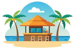 Tropical Beach with Palm Trees Hut Bar Stools Sea Sky Cloud Isolated vector