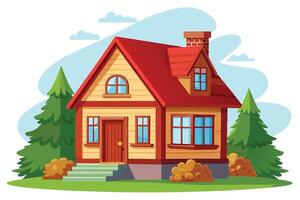 Cozy Cartoon House With Red Roof And Chimney Surrounded By Trees and Cloudy Sky vector