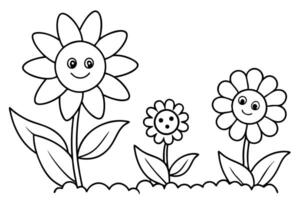 Line Art Flowers with Faces in a Row Isolated on White Background vector