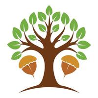 Flat Design Tree with Brown Trunk, Green Leaves and Acorns on White vector