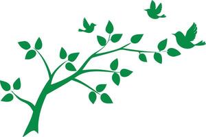 Tree with Leaves and Birds Silhouettes on a White Background Design vector