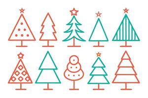 Collection of Whimsical Christmas Trees with Stars, Simple Outline Design on White vector