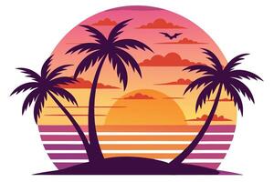 Retro Sunset Palms With Circle Shape Colorful Horizon vector