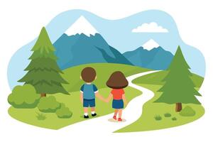 Children Hold Hands Walking on Path with Mountain View and Trees vector