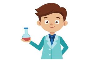 Cartoon Boy in Lab Coat Holding Round Flask with Liquid on White Background vector