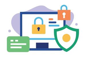 Computer Display with Locks and Shield Isolated on White Background Flat Design vector
