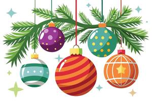 Festive Ornaments on Evergreen Sprig with Unique Patterns on White Background vector