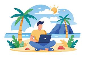 Man with Laptop on Beach, Palm Trees, and Tropical Scenery, vector