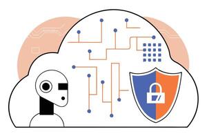 Abstract Robot with Network Cloud Connection and Shield Security, Modern Flat Style vector