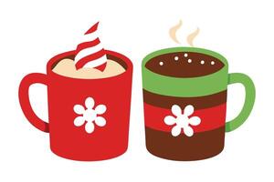 Two Mugs, Red with Candy Cane, Green with Steaming Beverage, White Background, Flat Style vector