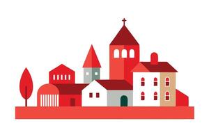 Geometric Village with Tower, Houses and Tree on White Background vector