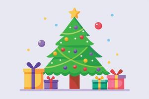 Christmas Tree with Presents and Ornaments Flat on Light Background vector