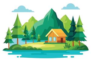 Cabin by Lake with Mountain View, Flat Design, Summer Trees, Vacation, vector