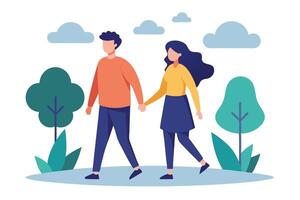Flat Design Couple Walking Holding Hands in the Park with Trees and Sky vector