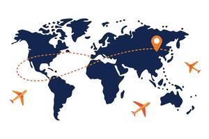 World map with route, orange airplanes and location pin on transparent background vector