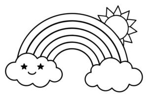 Outline Rainbow with Smiling Cloud and Sun on White Background vector