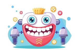 Cartoon Smiling Robot Character with Crown and Big Teeth on White Background vector