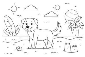 Line Art Drawing of a Dog on the Beach with Palm Tree Sun and Clouds vector