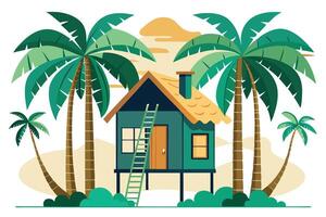 Tropical House with Palms, Ladder and Green Bushes on a White Background Flat Style vector