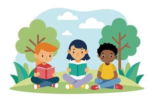 Cartoon Diverse Children Reading in Park Flat Design Colorful vector