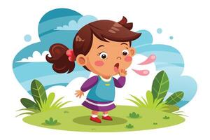 Cartoon Girl Shout Announce Flat Design with Sky Background and Green Field vector